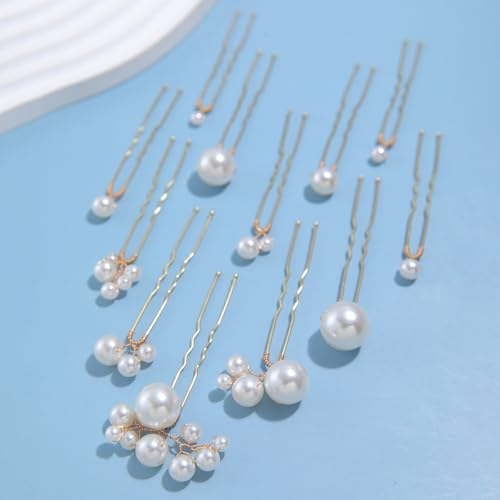 12 Pieces Bridal Wedding Hair Pins Handmade Pearl Bridal Hair Accessories for Brides Women Girls Gold