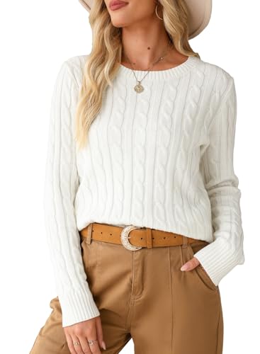 EVALESS Womens White Cable Pullover Sweater Old Money Clothes Knitted Cashmere Crewneck Business Casual Tops Medium