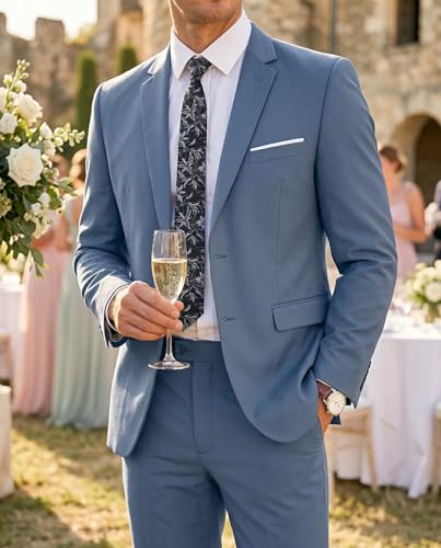 Fxzpiodi Mens 2 Piece Suit Slim Fit Business Wedding Groomsman Suit for Prom Dinner Tuxedo Suit Jacket Pants Denim Blue XL