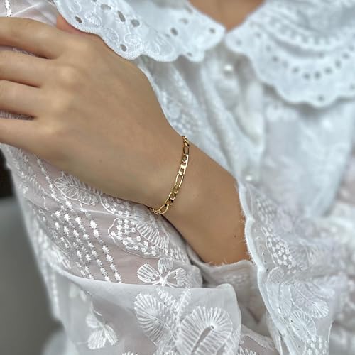 LUCA SMITH Gold Bracelets for Women & Men 14K Gold Figaro Bracelet 7.5in
