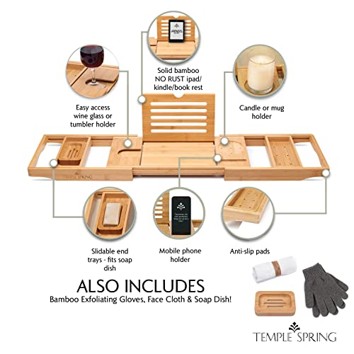 Temple Spring Bamboo Bathtub Tray Caddy for Tub — Expandable Wood Bath Tray with Solid Book Stand Wine Holder and Non-Slip Pads — Includes Bamboo Soap Dish and Spa Accessories — Luxury Bath Gift Set