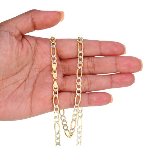 Nuragold 10k Real Yellow Gold Figaro 5.5mm Pave Diamond Cut Chain Bracelet - 8"