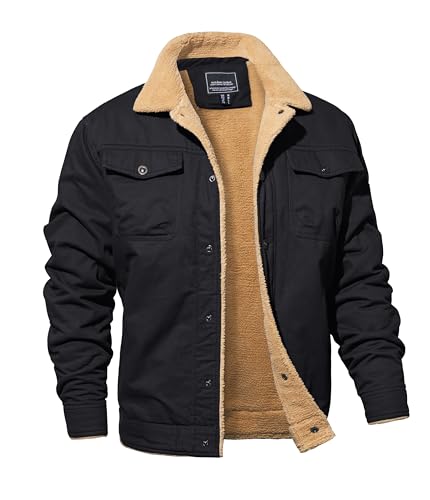 MAGNIVIT Men's Warm Jacket Sherpa Winter Botton Down Fur Collar Trucker Jacket Black