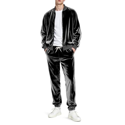 Heyfanee Mens Track Suits 2 Piece Set Velour Black Jogging Suits for Men Winter Slim Fit Sweatsuit L