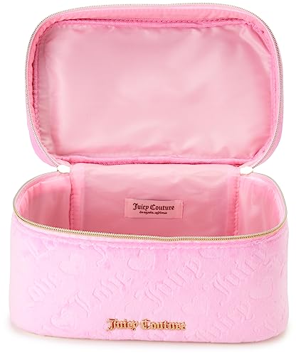 Juicy Couture Pink Makeup Bag Cosmetics Organizer Travel Essentials Train Case Velour Heart Logo