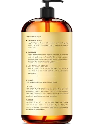 Brooklyn Botany Cold-Pressed Organic Castor Oil | 16 Fl Oz | Hair | Face | Body | 100% Pure and Natural | Carrier Oil | Aromatherapy | Massage | Ayurvedic Hair Care | Hexane-Free