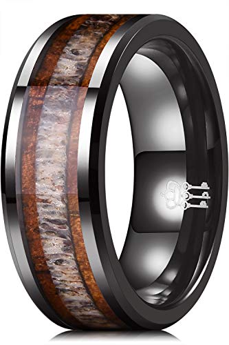 THREE KEYS JEWELRY 8mm Ceramic Couples Bands Rings with KOA Wood & Antler Inlay Promise Fashion Ring Wedding Band for Him and Her Men Marriage Promise Viking Size 10