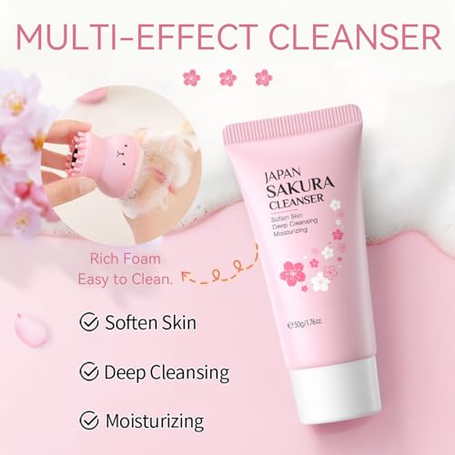 Skincare Set Sakura Teen Girls Gifts Christmas Birthday - Skin Care Set for girls Ages 8-12 - Hydrating Skincare for Teens 10-12 - Travel Size Facial Kit for Women with Cleanser,Bunny Headband（5pcs）