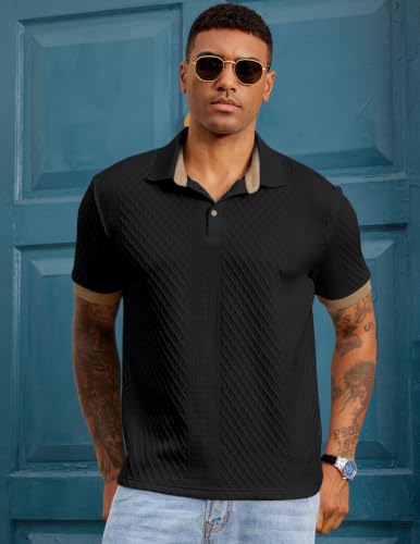 JMIERR Polo Shirts for Men Classic Fit Short Sleeve Casual Soft Button Old Money Textured Cable Knit Quiet Luxury Shirt, XL, Black