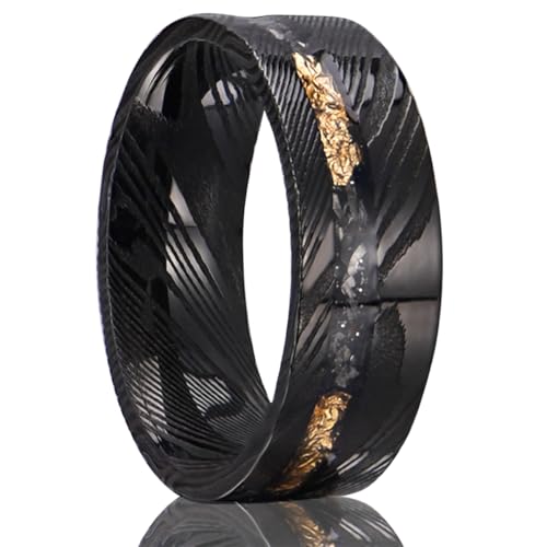 Concept Knight Black Damascus Steel Rings for Men Flat Men's Wedding Bands