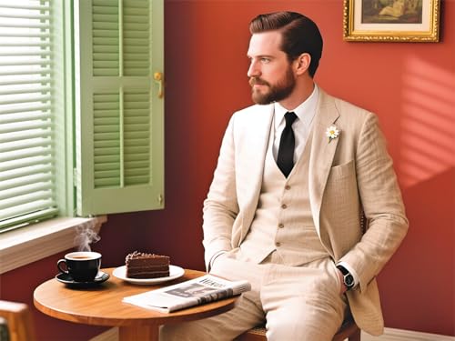 Aowdoy Men's 2 Piece Beige Linen Suits Slim Fit Casual Summer Beach Wedding Dress Prom Suit Blazer Jacket and Pants Beige M
