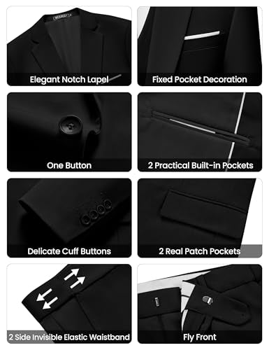 WULFUL Men’s Slim Fit Suit One Button 3-Piece Blazer Dress Business Wedding Party Jacket Vest & Pant Black