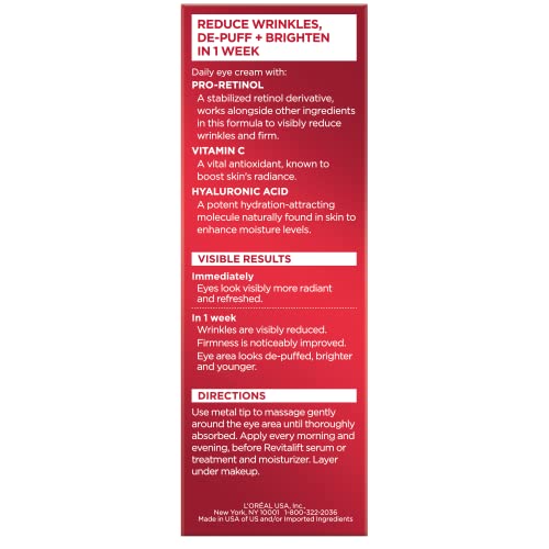 L'Oreal Paris Revitalift Triple Power Anti-Aging Eye Cream, Pro Retinol, Hyaluronic Acid & Vitamin C, Reduce Wrinkles & Puffiness 0.5 fl. oz.