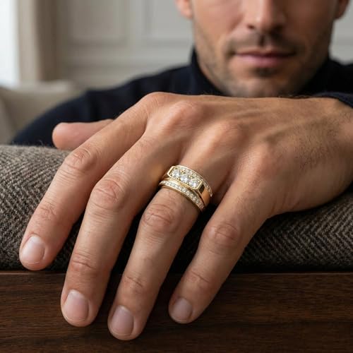 P3 POMPEII3 Pompeii Men's 2 CT. T.W. Lab Grown Diamond Border Three Stone Ring in 14K Gold - Size 10.5 (FG,VS2-SI1)