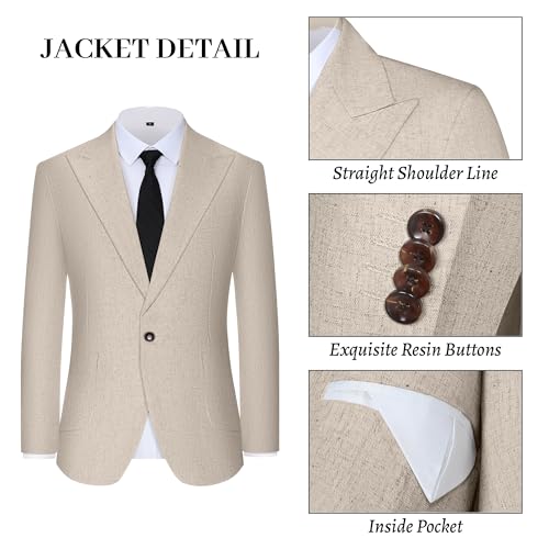 Fesenbo Mens Casual Suits Beige Linen Suit Slim Fit 2 Piece Lightweight Jacket and Dress Pants Set Groomsmen Suit for Wedding S