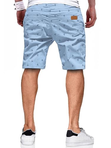 JMIERR Mens Casual Shorts - Fashion Cotton Drawstring Summer Beach Stretch Waist Twill Chino Golf Travel Essentials Cruise Shorts with Pockets for Men 8 Inch Inseam, L, Coconut Tree Printed Sky Blue