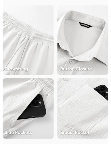 JMIERR Men Beach Sets 2 Piece Short Sleeve Summer Outfits 7 inch 2026 Quiet Luxury Sets Tracksuit with Pockets, 3XL, White