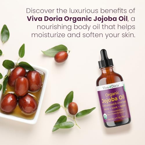 Viva Doria Jojoba Oil, USDA Certified Organic, 4 fl oz, Natural Jojoba Oil for Hair, Skin & Face, Cold Pressed Unrefined