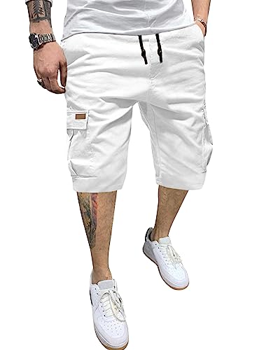 JMIERR Mens Casual Twill Cargo Shorts Cotton Drawstring Classic Cargo Chino Stretch Short with 6 Pockets for Men, US42(3XL), A White