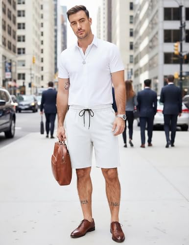 COOFANDY Men's Casual Shorts Cotton Elastic Waist Drawstring Shorts Lightweight Summer Beach Shorts White