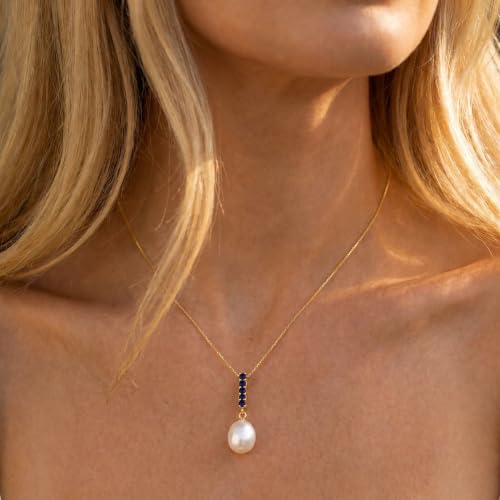 Veroni Solid 10K Gold Pearl Pendant Necklace for Women - 4.2 Carat Pearl & Sapphire - Italian Box Chain - Cipher Collection - Handcrafted in USA - Classic Yellow Gold