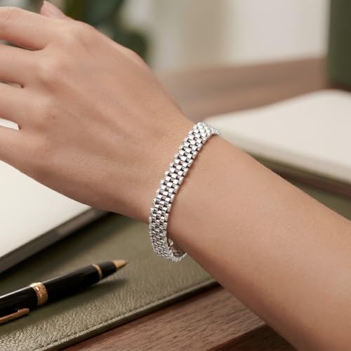 Floreo 14k White Gold 9.5mm Brick Watch Band Panther Link Bracelet, 7.25 Inch