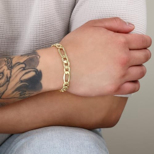 Nuragold 14k Real Yellow Gold Figaro Link 7.5mm Chain Bracelet (7"-9") - 8.5"