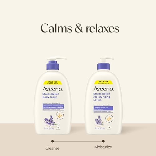 Aveeno Stress Relief Moisturizing Body Lotion, Lavender Scent with Prebiotic Oat for Sensitive Skin, Lightly Scented Lotion with 48-Hour Hydration, Fast Absorbing, Non-Greasy, Value Size 33 Fl Oz