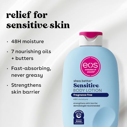 eos Shea Better Sensitive Skin Body Lotion - Fragrance-Free, 48-Hour Moisture Eczema Cream & Dry Skin Relief, Vegan, 16 fl oz (Packaging may vary)