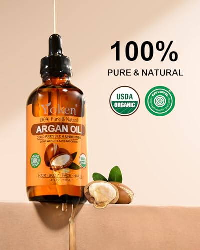 Yoken USDA Argan Oil 4oz, Cold Pressed Oil with Dropper for Hair Scalp Face
