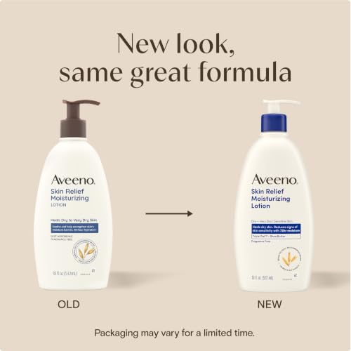 Aveeno Skin Relief Moisturizing Body Lotion Heals Very Dry, Sensitive Skin, Fast Absorbing Lotion with Soothing Triple Oat & Shea Butter Formula, Fragrance Free Lotion, Non-Comedogenic, 18 Fl Oz