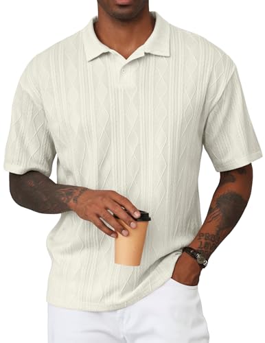 JMIERR Polo Shirts for Men Classic Fit Short Sleeve Loose Casual Soft Button Old Money Textured Cable Knit Shirt Quiet Luxury Clothes, XL, Beige