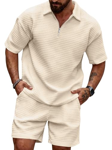 JEMLDL Men's Short Sets 2 Piece Polo Shirt Summer Outfits Casual Fashion Jogging Track Suits Short Sleeve Travel Sweatsuit Light Khaki Large