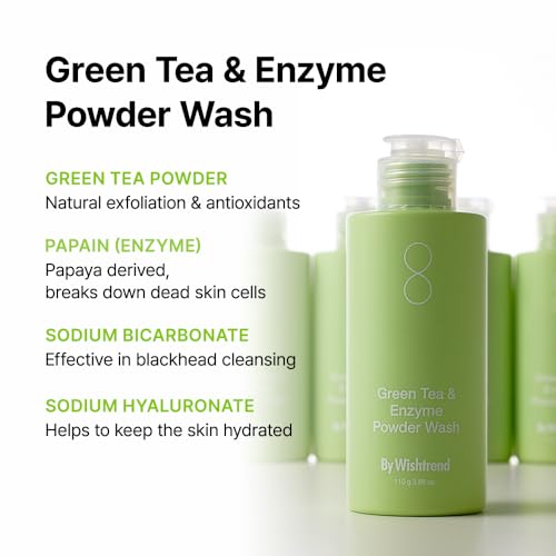 BY WISHTREND Green Tea Powder Wash - Korean Face Cleanser for Pore & Blackhead Care, Boseong Green Tea & Papain Enzyme, 0.00 Irritation for Sensitive Skin, 3.88 Oz