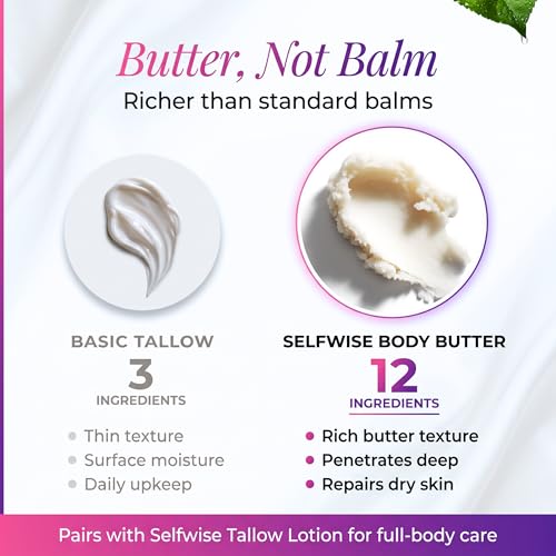 SELFWISE Beef Tallow Body Butter Cream - Grass-Fed Whipped Balm with Honey, Shea Butter, Castor Oil & Calendula - Non-Greasy, Long Lasting Hydration - for Extra Dry and Sensitive Skin.