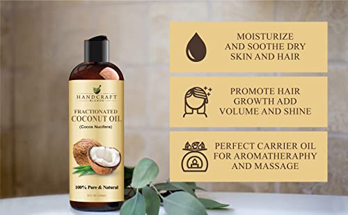 Handcraft Blends Fractionated Coconut Oil - 8 Fl Oz - 100% Pure and Natural - Premium Grade Carrier Oil for Skin and Hair - Hair and Body - Massage