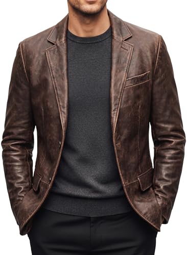 RABCHI Men’s Real Lambskin Leather Blazer – Casual 2 Button Sport Coat Jacket, Black Genuine Leather Blazer for Men (US, Alpha, Medium, Regular, Regular, Dark Brown Distressed)