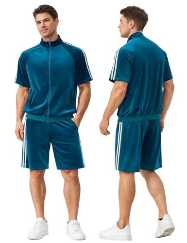 SAMDIPLUS Mens Velour Tracksuit 2 Piece Outfit Short Sleeve Full Zip Jacket and Shorts Set Summer Casual Loungewear