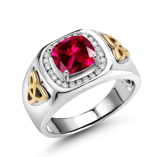 Gem Stone King Two-Tone Cushion Cut Ring for Men | Created Ruby | 9
