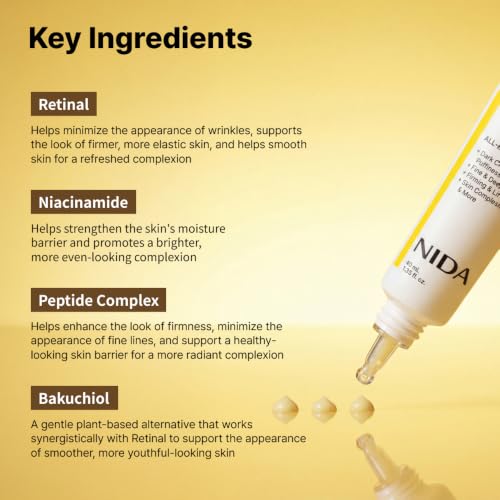 NIDA Revive Eye Cream For Face And Neck | Probiotics Lystate Solution, Retinal, Peptide Complex, Bakuchiol | Wrinkles, Fine Lines, Cell Turnover, Firm Skin Texture, Radiant Skin | 1.35 fl. oz., 40ml