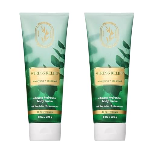 Bath & Body Works Eucalyptus Spearmint Aromatherapy Body Cream, Ultimate Hydration Moisturizer for Stress Relief with Shea Butter & Hyaluronic Acid for Dry Skin, 8 fl oz - 2 Pack