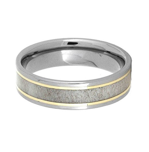The Men's Jewelry Store (Unisex Jewelry) Deer Antler, 14k Yellow Gold Pinstripe 6mm Comfort-Fit Titanium Wedding Band and Sizing Ring, Size 10.25
