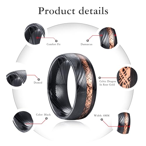 NUNCAD Black Damascus Ring Men 8mm Rose Gold Celtic Dragon Inlay Engagement Wedding Band Domed Comfort Fit Size 10