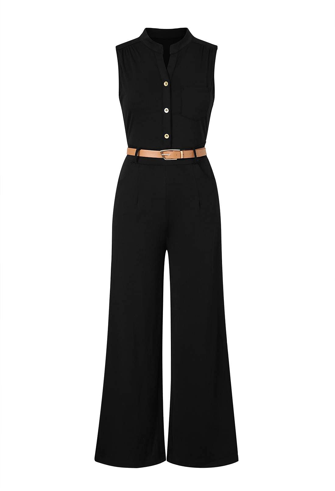 Pink Queen Womens Jumpsuits Black Sleeveless Stand Collar Belt Jumpsuits Rompers