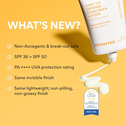 innisfree Daily UV Defense Sunscreen SPF 50+ PA++++, Korean Face & Body Sunscreen, Invisible Finish, Broad Spectrum, No White Cast, Lightweight, Hydrating, Available in Gift Sets & Jumbo
