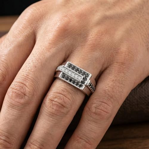 Pompeii Mens 5/8ct Black & White Diamond Wedding Ring 10k White Gold - Size 7.5