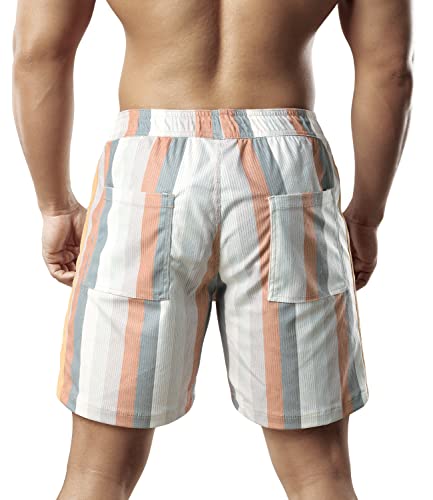 JOTOOK Men's Casual Drawstring Corduroy Shorts Elastic Waist Summer Shorts with Pocket Printed Short Medium Grey White Stripe