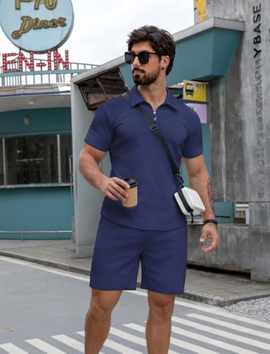 EISHOPEER Men's Luxury Textured Polo Set Comfort Zip Neck Elastic Waist Shorts Business & Party Wear Navy Large