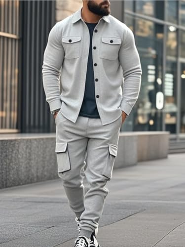 Men's Fleece Cargo Jacket Tracksuit Set 2 Pieces Solid Color Long Sleeve Button up Jacket and Cargo Pants Set Light Grey