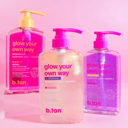b.tan Clear Gradual Self Tan Gel | Glow Your Own Way Shimmer - Sunkissed Golden Bronze, Transfer Free, Best Extender, Moisturizing, Non Toxic Sunless Tanning Lotion, No Fake Tanner Smell, 16 Fl Oz